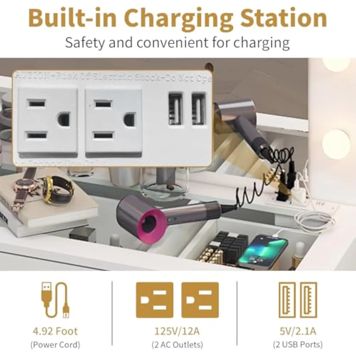 Meja Rias Rias dengan Cermin dan Lampu, Meja Rias dengan 9 Laci & Bangku Empuk, Meja Rias dengan Bagian Atas Kaca & 12 Led