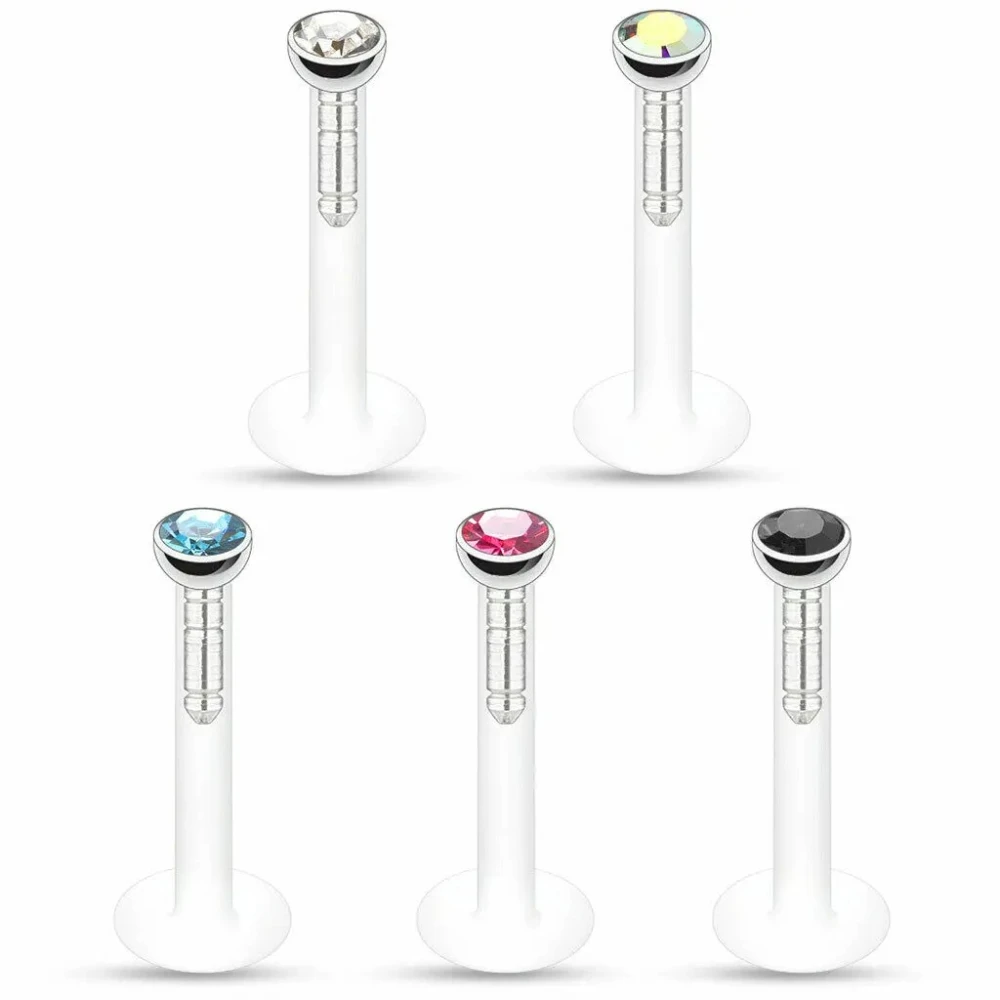 2pc Multicolour 2mm Crystal Acrylic Monroe Lip Labret Ring 6/8/10/12mm Bar Push In Stud Ear Flexible Piercing 16g