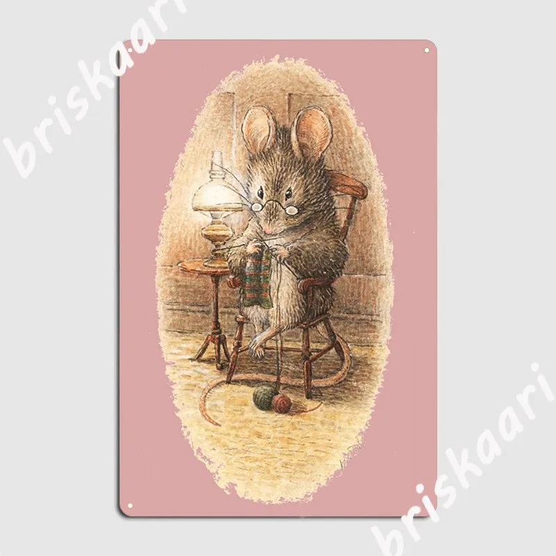 Knitting Mouse Beatrix Potter Metal Sign Club Party Mural Retro Painting Décor Tin Sign Poster