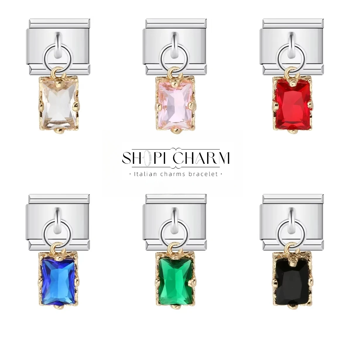 Shop Fashion Women Colourful Diamond Pendant Square Rectangle Italian Charm Bracelet Stainless Steel DIY Wholesale Drop Shipping