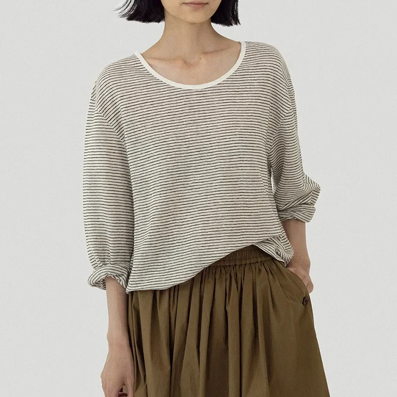 

Cotton Linen Striped T-shirt Long Sleeve O-Neck Loose Korean Fashion Casual Black Pullover Women Shirts Streetwear Female Tops