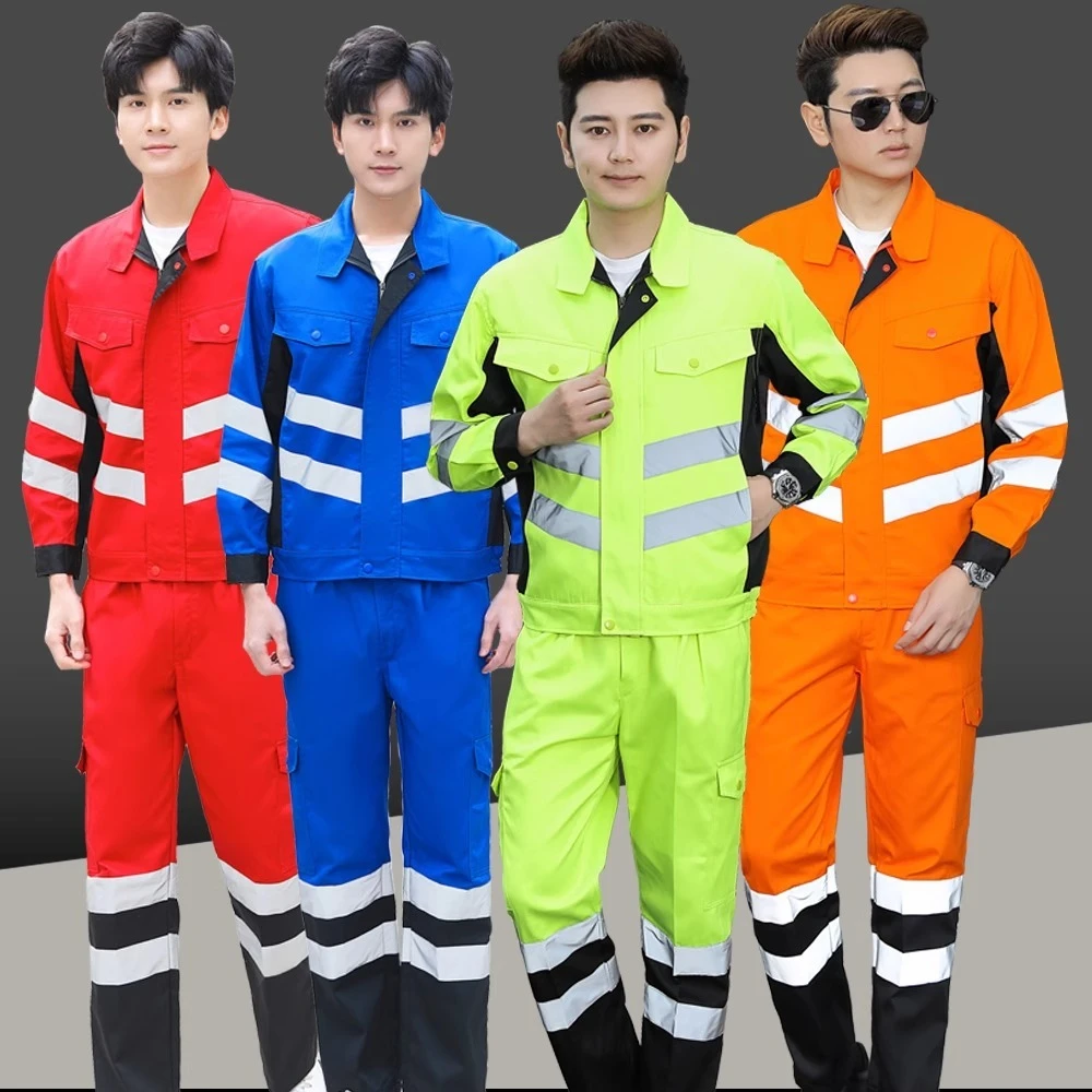 مجموعة ملابس العمل ذات الشريط العاكس للرجال لإصلاح السيارات ومقاومة للاهتراء والأوساخ ملابس واقية من المصنع بدلة Hi Vis