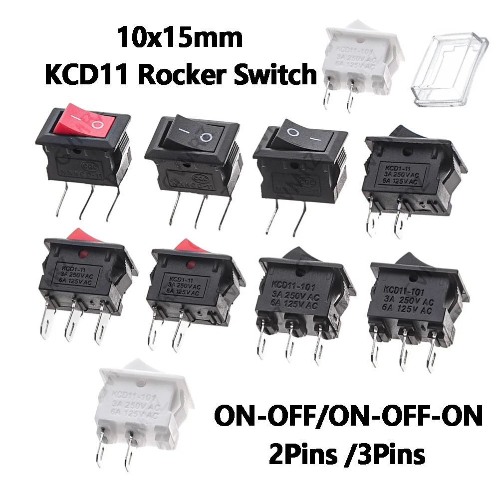 10PCS 3A 10x15mm 250VAC/6A 125VAC KCD11 Rocker Switch 10*15mm Mini Push Button Switch ON-OFF / ON-OFF-ON 2 Pins/3Pins 10x15