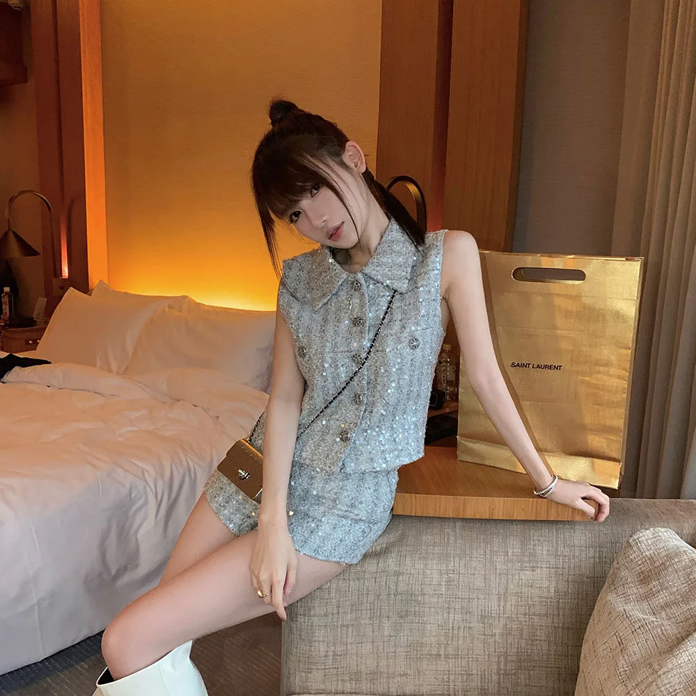 Korean Elegant Small Fragrance Wind 2 Piece Suit Women Outfit Laper Vest Tops + Short Set Summer Sweet Tweed Two Piece Pant Sets