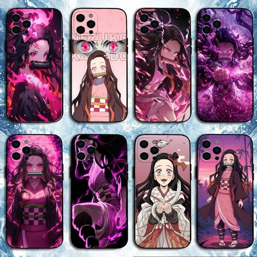 

cute Demon Slayer Kamado Nezuko Phone Case For iPhone 16,15,14,13,12,11 Plus,Pro Max, Soft Silicone Black Cover