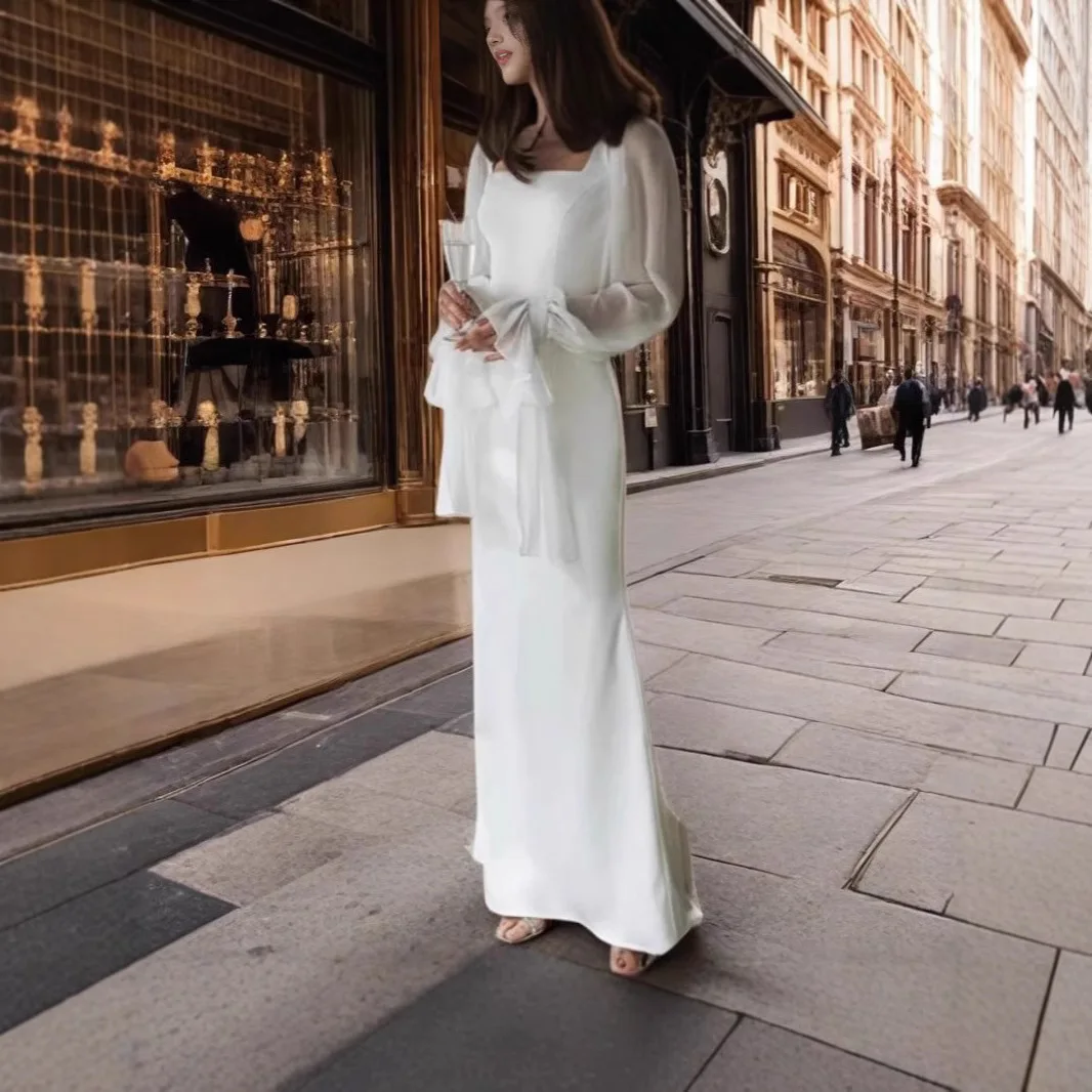 2025年新作 フレンチエレガント スクエアネック メッシュ シアー トランペットスリーブ ウエストシェイプ マーメイドドレス 特別な機会に