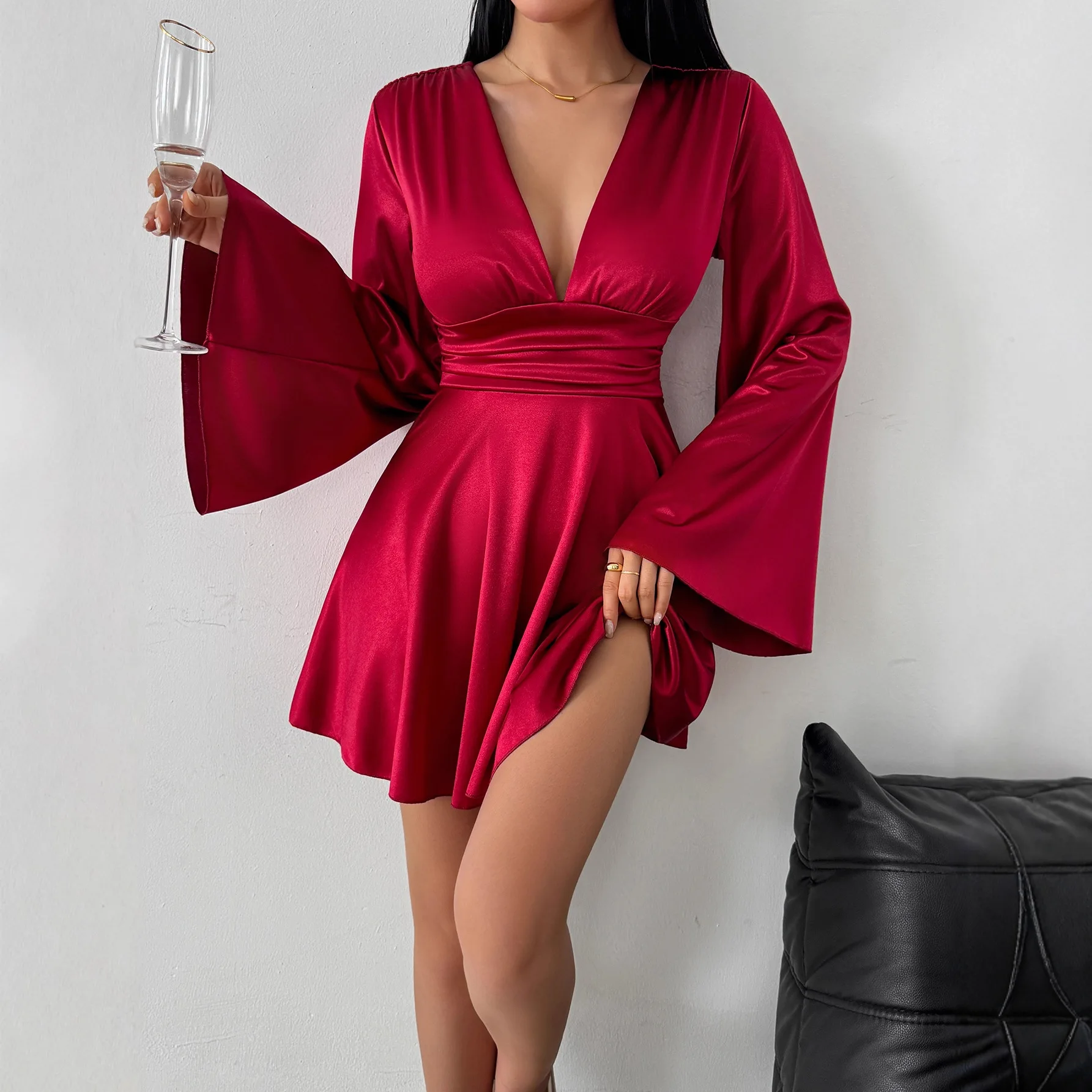 

Elegant Solid Color Satin Dresses Women Sexy Deep V-neck Backless Leace-up Flared Sleeve Mini Dress Temperament Party Vestidos