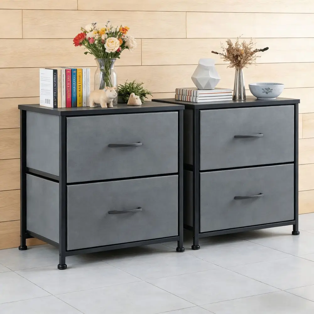 2 Pcs Multifunctional End Table With 2 Fabric Drawers Compact Nightstand For Home