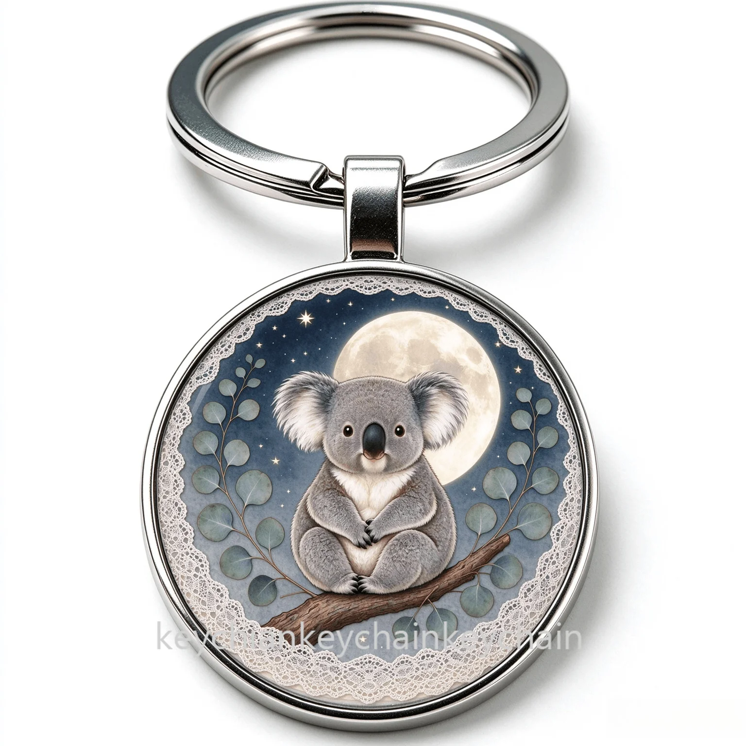 Moon night koala, koala on tree branch Keychain Key Ring Animal Bag Charm Car Key Holder Gift for Men Women