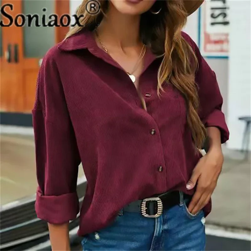 Corduroy Shirt Women Solid Color Long Sleeve Turn-Down Collar Casual Loose Fashion Tops Ladies Streetwear Shirt Vintage Clothes