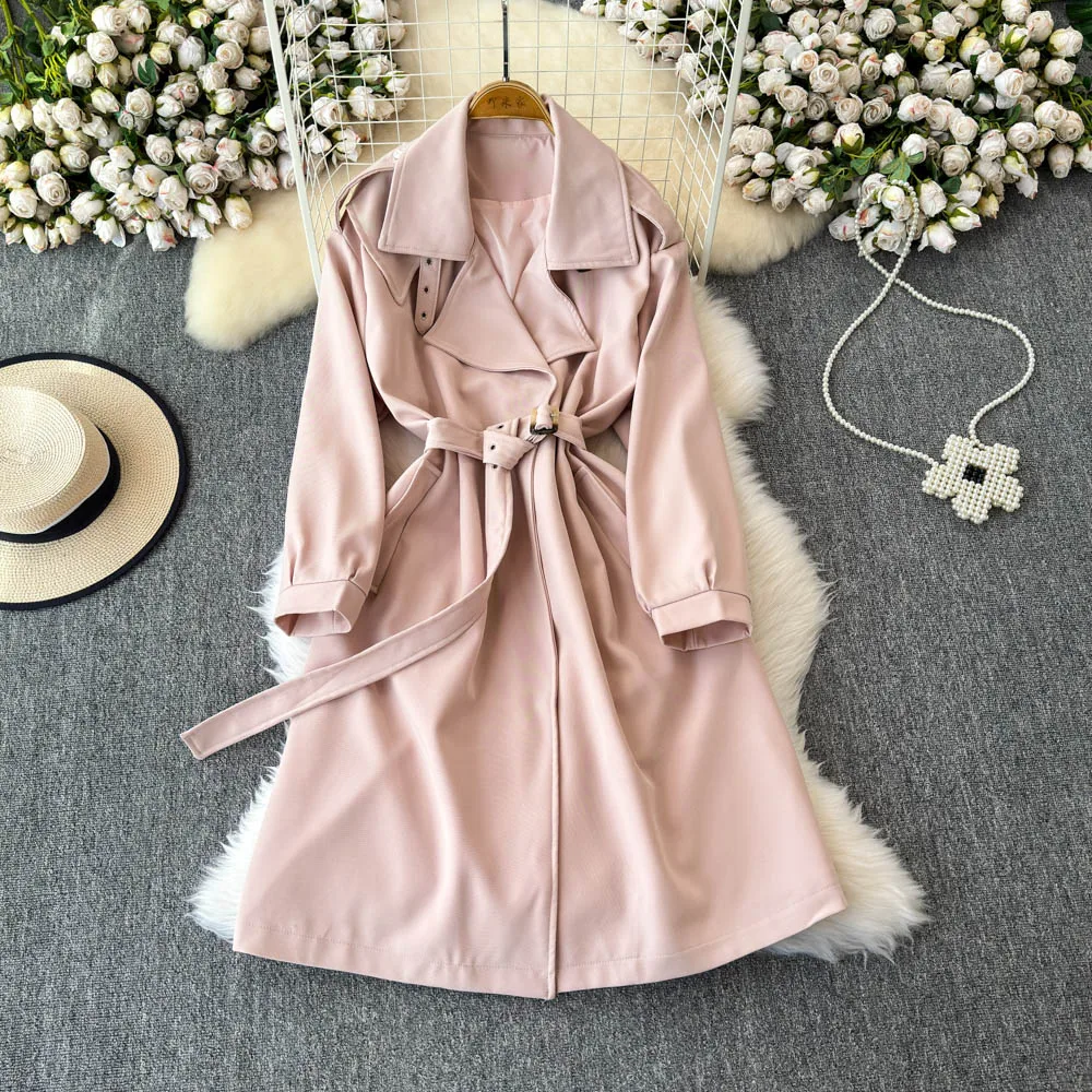 Winter Lace Up Long Over The Knee Lapel Korean Loose Windbreaker Jacket Women's Fashion Trench