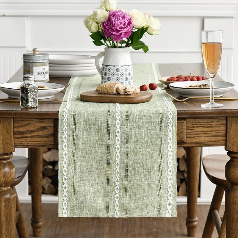 Sage Green Rustic Cotton Linen Table Runner Embroidered Hollow Table Decoration for Kitchen Dining Wedding Party Home Decoration