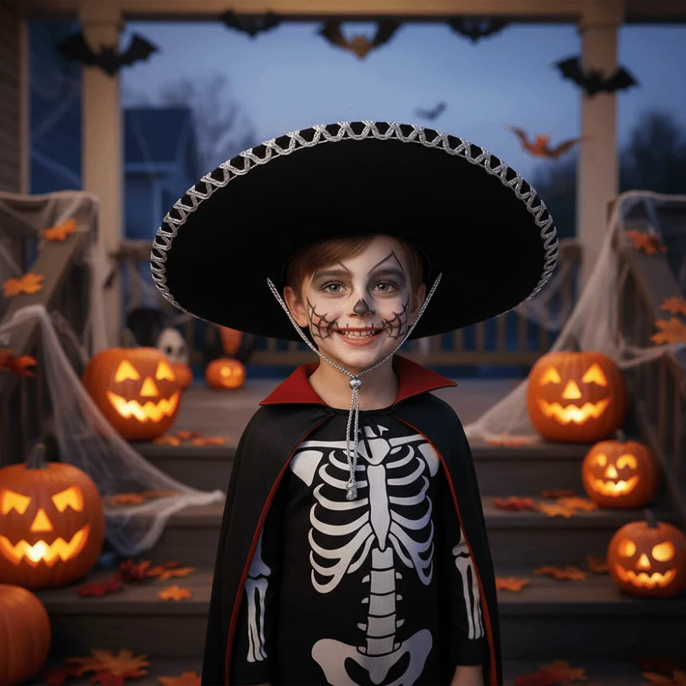 Chapéu mexicano vintage preto para crianças, chapéu mágico para performance em palco, fantasia de férias, chapéus para crianças, cosplay, homens, mulheres, unissex