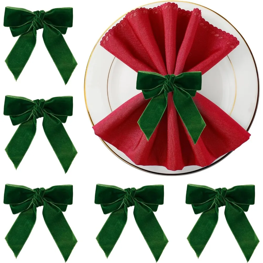 

Christmas Napkin Rings Set of 6 - Green Bow Velvet Napkin Holders, Chic Xmas Holiday Napkin Rings for Birthday Party, Ann