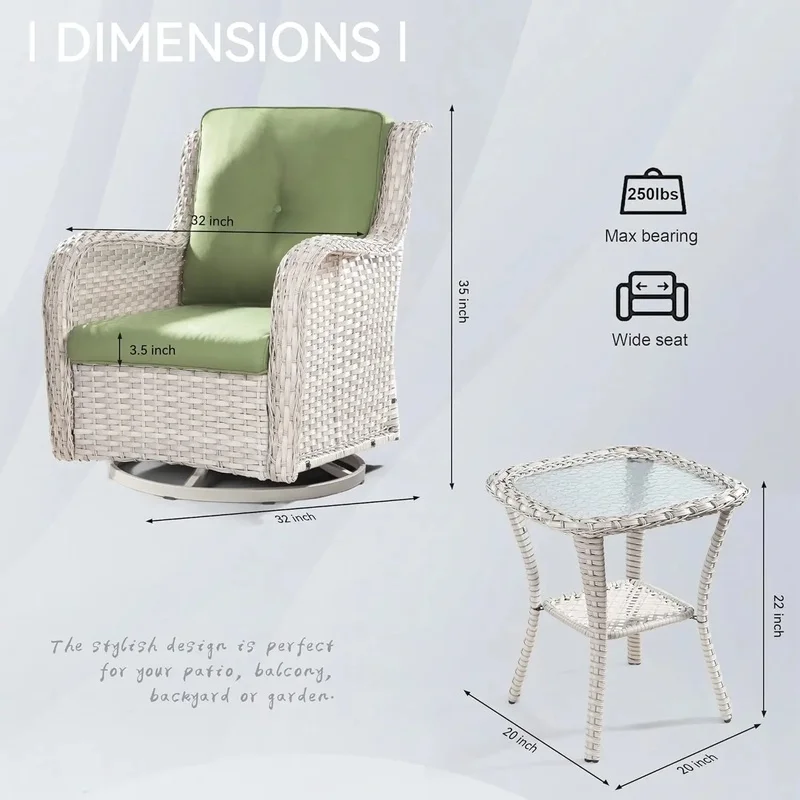 3-Piece Wicker Patio Set: 2 Swivel Rocker Chairs with High Backs & 1 Side Table for Outdoor Deck, Porch, or Garden
