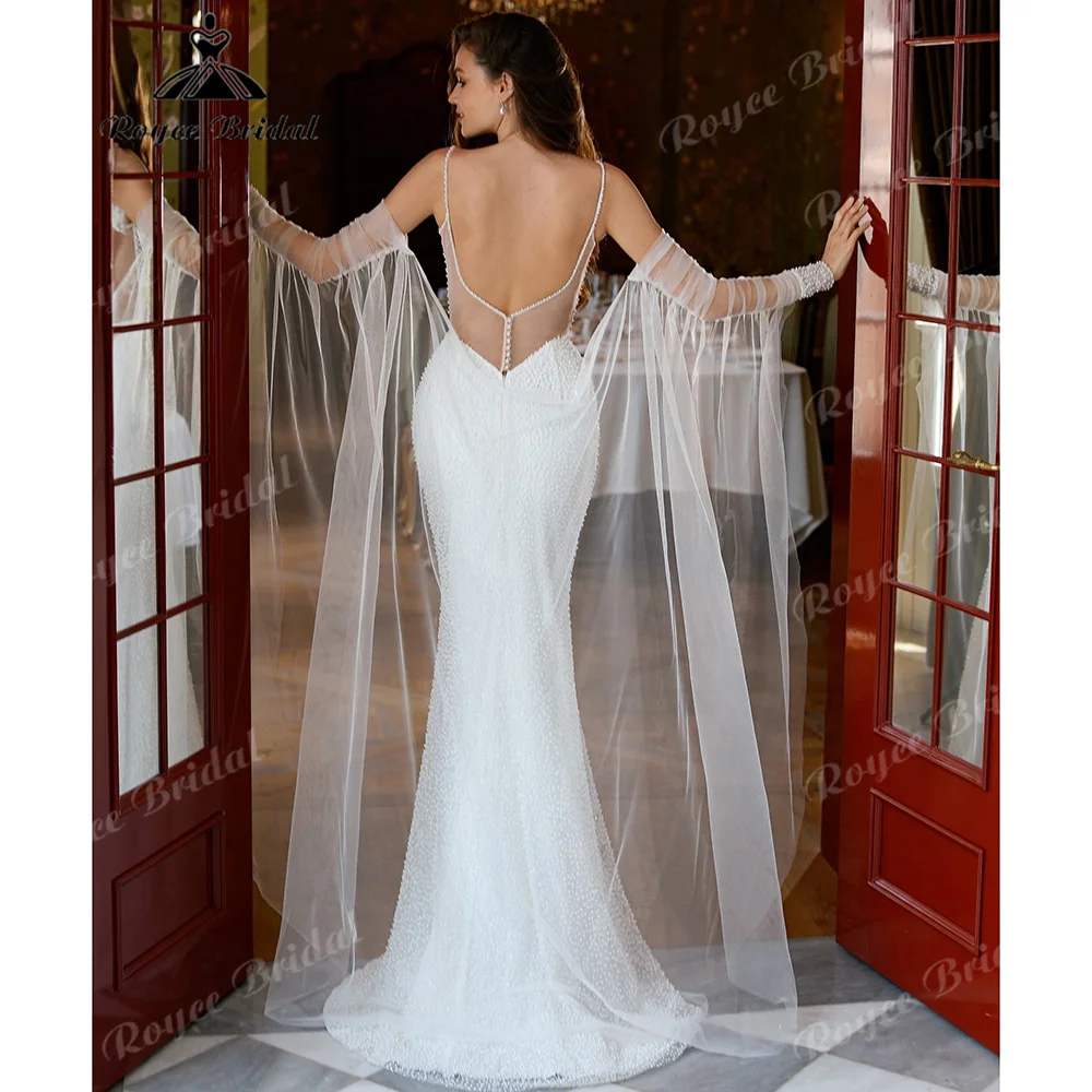 2027 Sweetheart Spaghetti Strap Pearl Beaded Corset Mermaid Wedding Dress V Sheer Low Back Sweep Train Abiti Da Sposa Customized