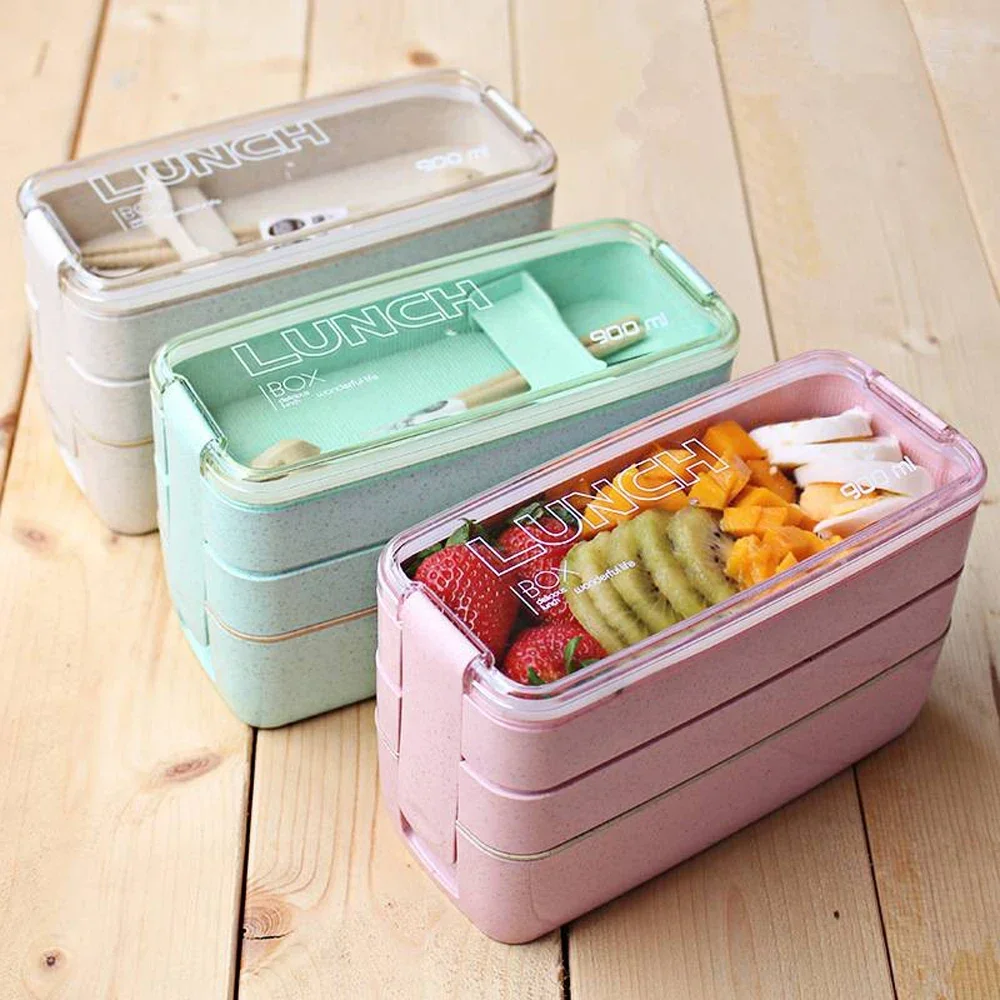 1pc 900ML Wheat Straw Lunch Box With Dinnerware, 3-layers Detachable Microwavable Hermetic Bento Box For Adults School Office