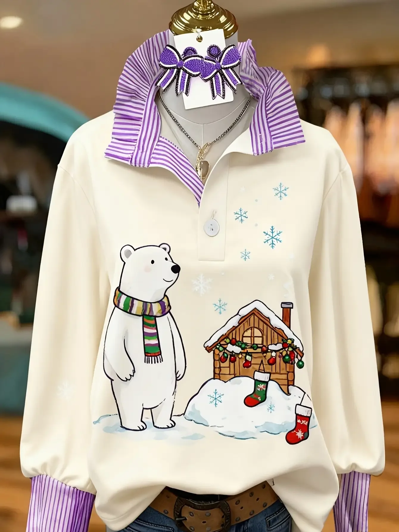 2026 Ladies' striped casual shirt with multi-color striped collar and Christmas Cat Pattern
