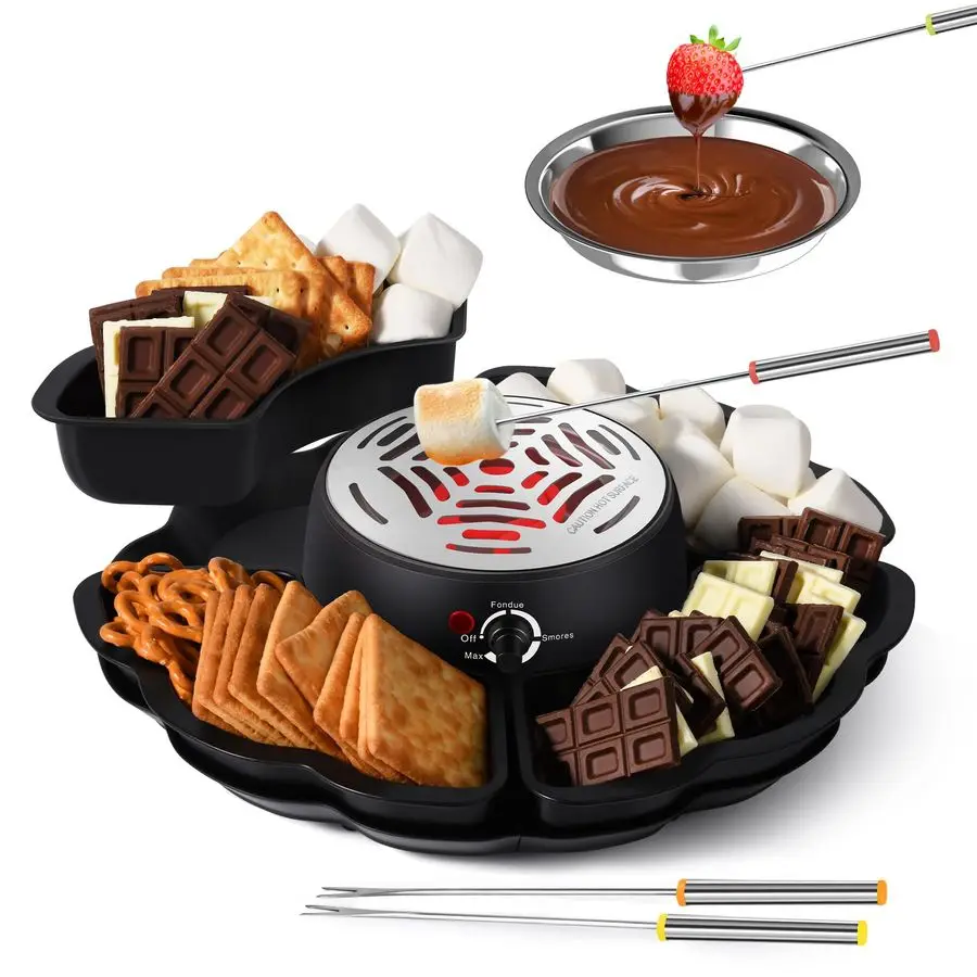 

In 1 Smores Maker amp Fondue Set, Tabletop Indoor Smores Kit, Marshmallow Roaster with Temp Control, 4 Detachable Trays amp 4 Ro