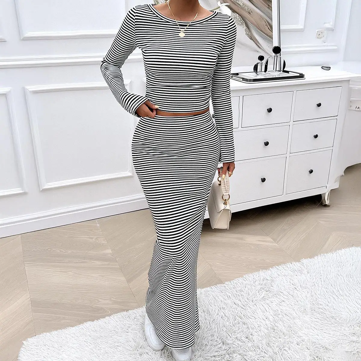 Diyun Y2K Pittig Meisje Streep T-shirt En Rok Set Vrouwen Faion Lente Zomer Casual Sle Lange Sve Tee stuk Pak