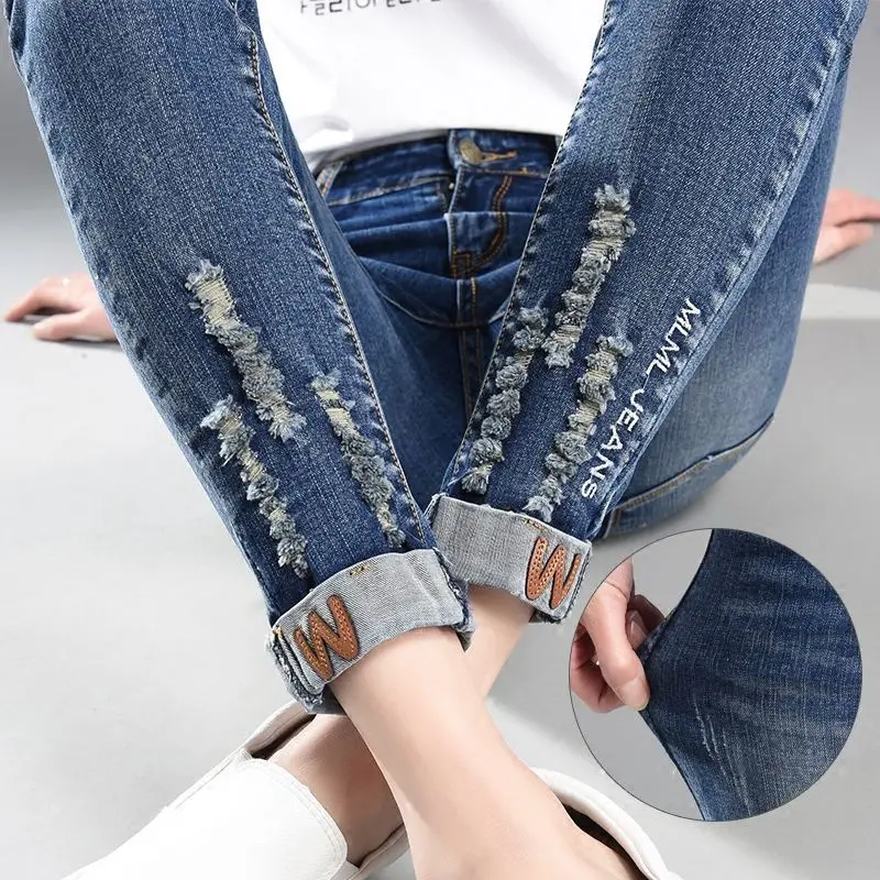 New 2025 Spring High-waisted Jeans Women's Elastic Pencil Pants Slim-fitting Embroidered Ripped Cotton Small-footed Trousers