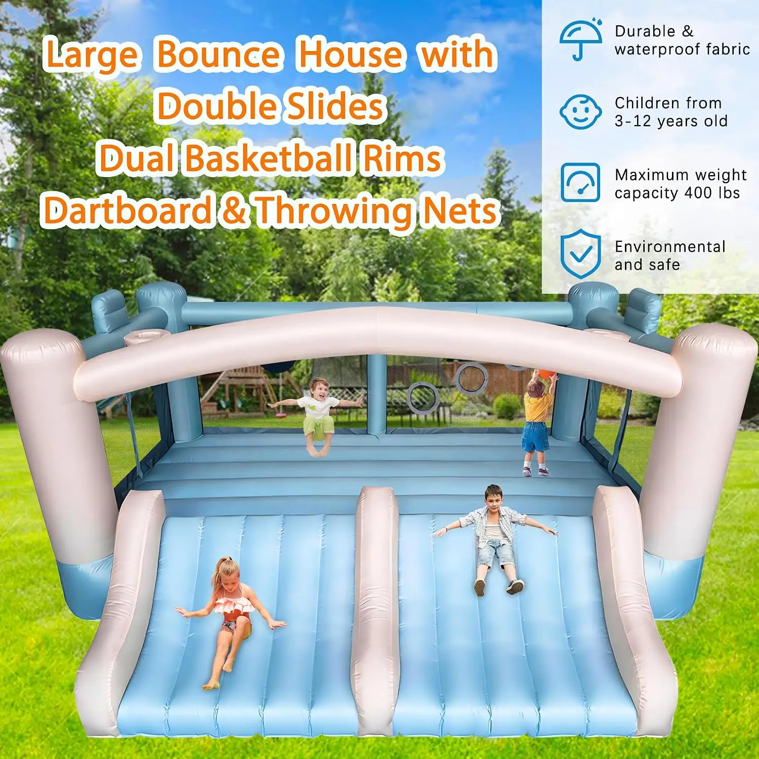 Inflatable Bounce House,8-in-1 Large Bouncy Castle with Slide,Basketball Hoop,Dart Game, Heavy Duty Indoor Outdoor Blow Up Jump