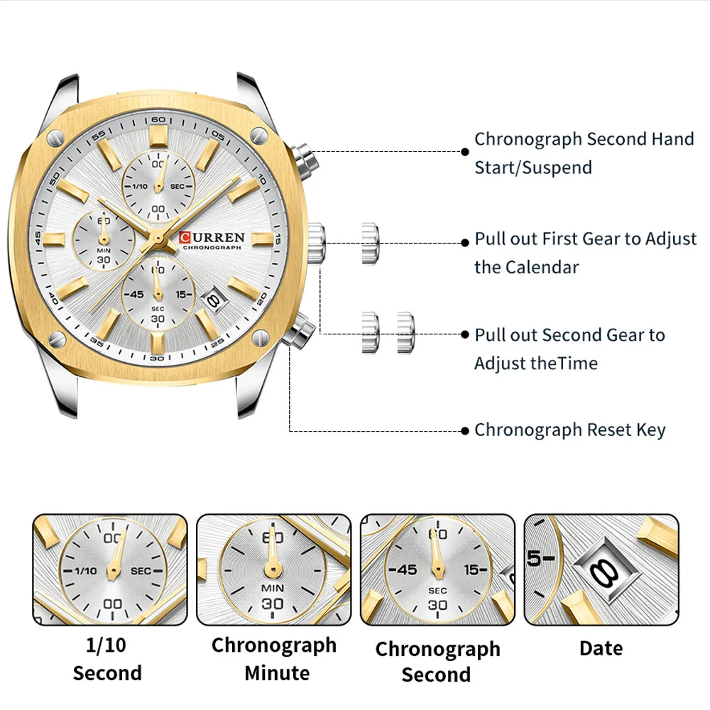 CURREN Reloj cronógrafo informal de negocios para hombre, banda de acero inoxidable con esfera negra, manecillas luminosas, movimiento de cuarzo