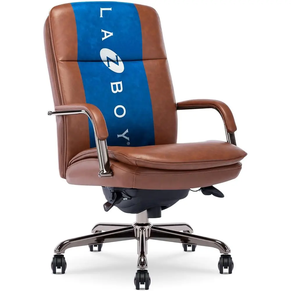 Executive Ergonomic Desk Chair with Channel-Stitched Seat, Double Cushion, Padded Arms, Swivel Metal Base, Cognac and Graphite B