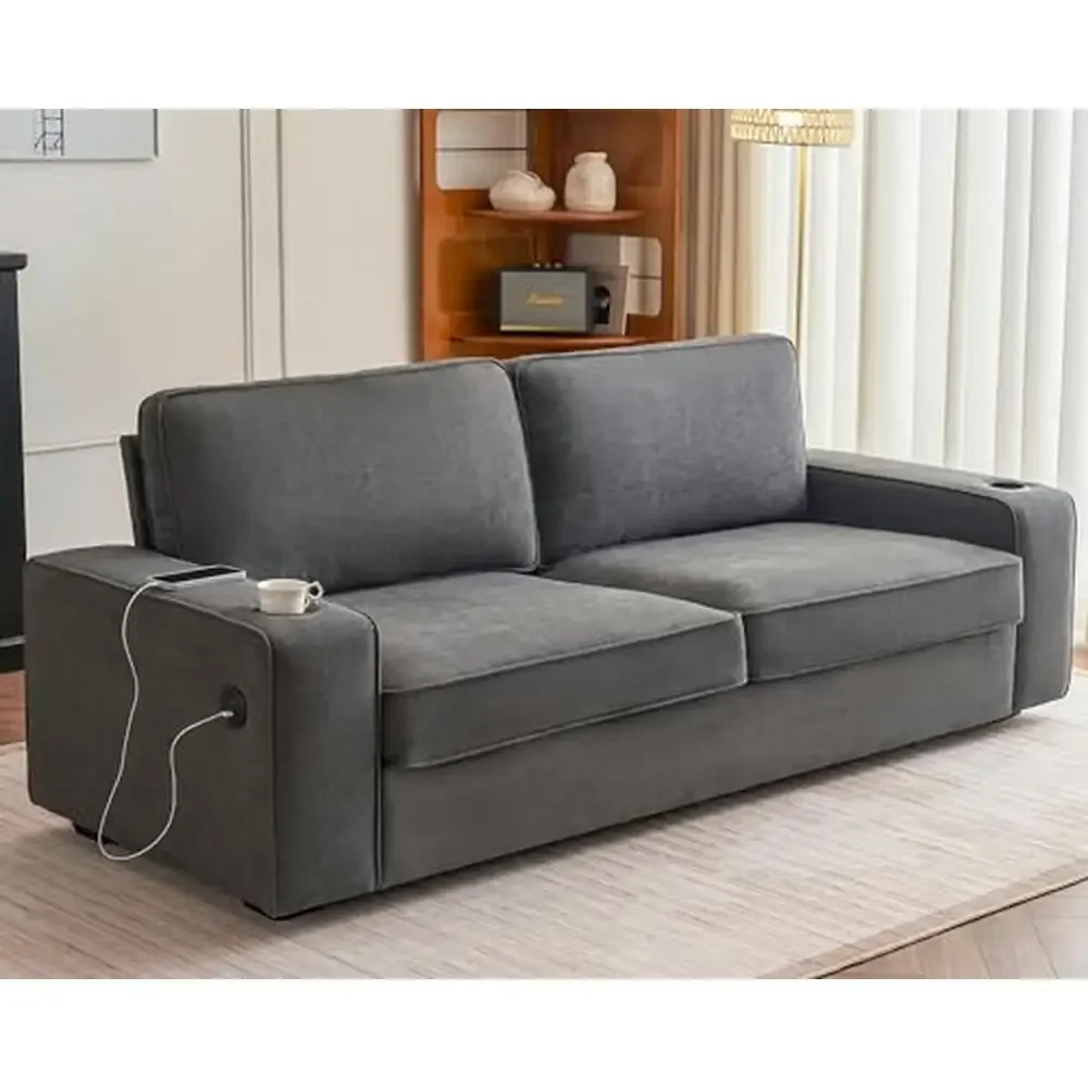 3-Seater USB Sofa with Cup Holders & Plush Cushions Modern Living Room Charcoal Sofa 89