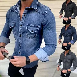 ZOGAA Mens Solid Color Soft Elastic Washed Denim Shirt Slim Fit Long Sleeve Casual High Quality Denim Shirt Coat