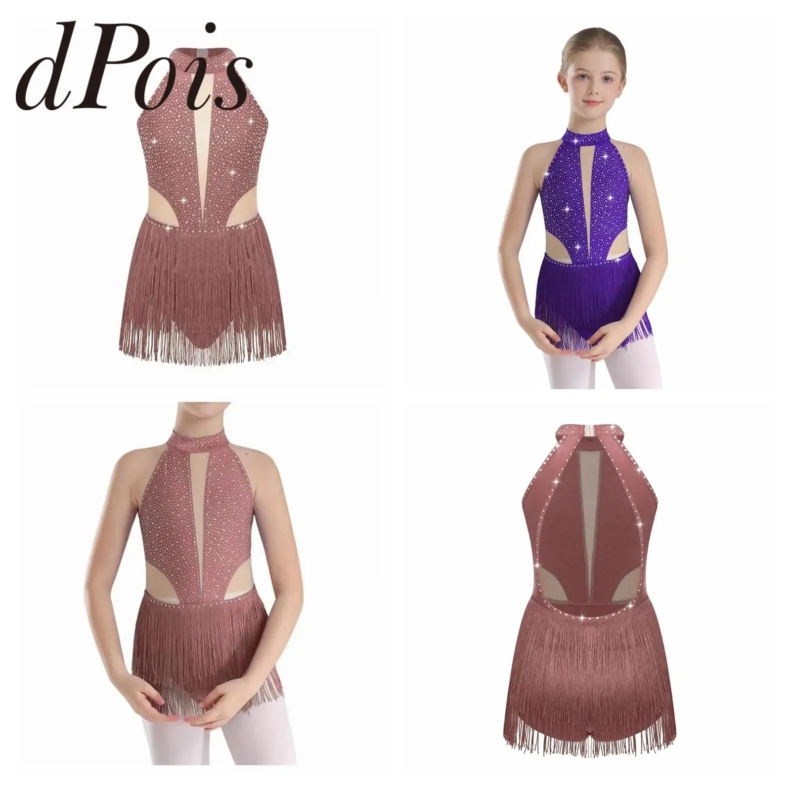 

Kids Girls Cha-cha Samba Tango Latin Dance Jumpsuit Rumba Dancing Fringed Leotard Tassel Bodysuit Stage Performance Dancewear