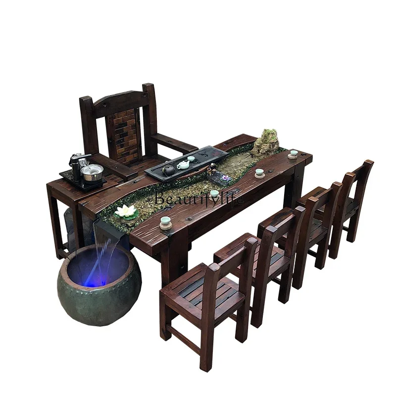 Table-Chair Set Chinese Solid Wood Zen Tea Table Flowing Water Fish Tea Table Landscape