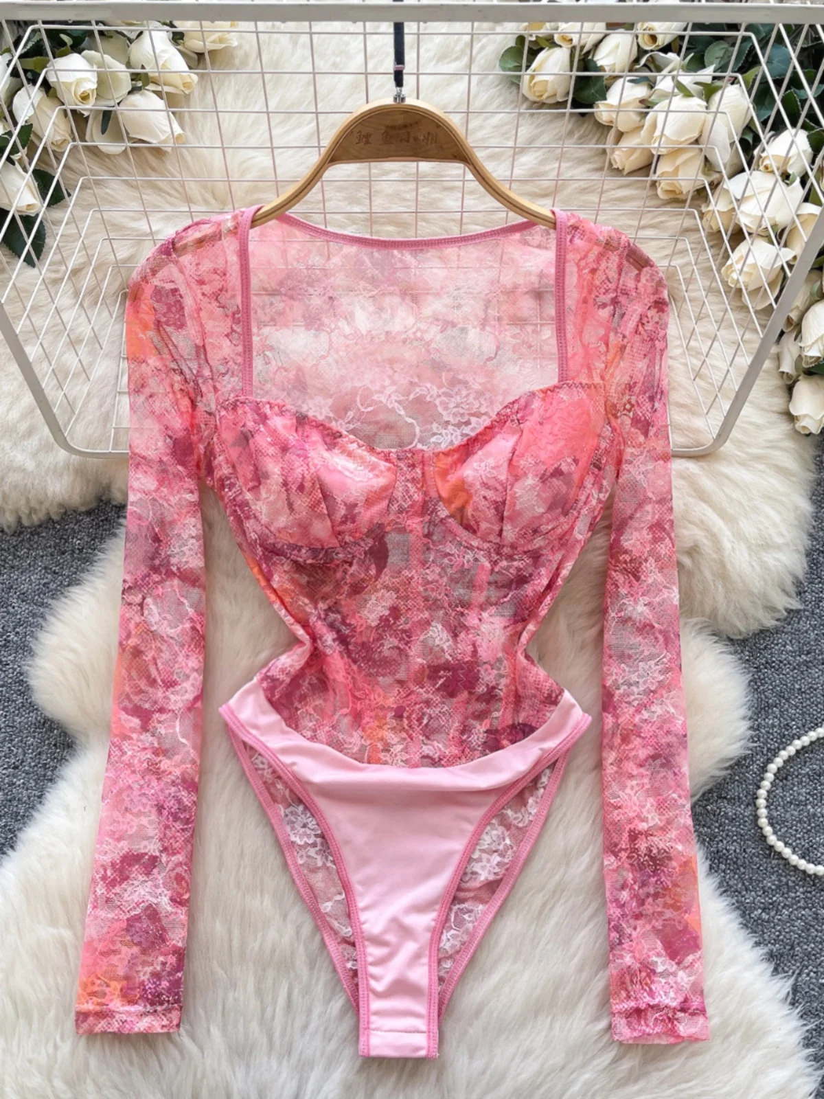 Foamlina French Romantic Atmosphere Floral Jumpsuit Women's Spring Mesh Fishbone Slim Pure Desire Bottom Shirt Top Bodysuit