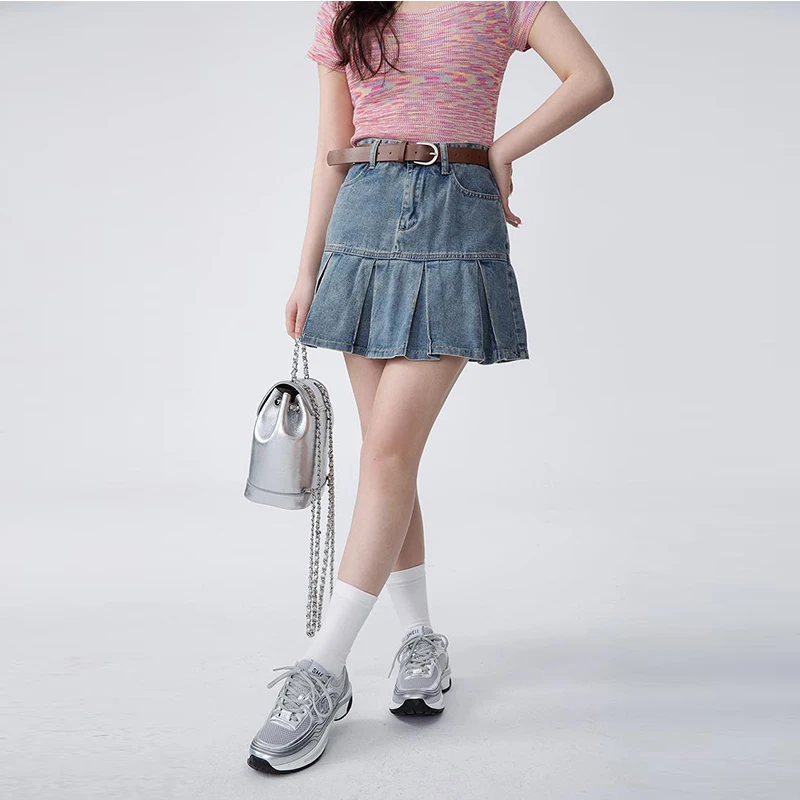 Short Pleated Skirt for Women 2024 Summer New Academy Style High Waist A-Line Short Denim Skirt Fashion Blue Denim Skirt