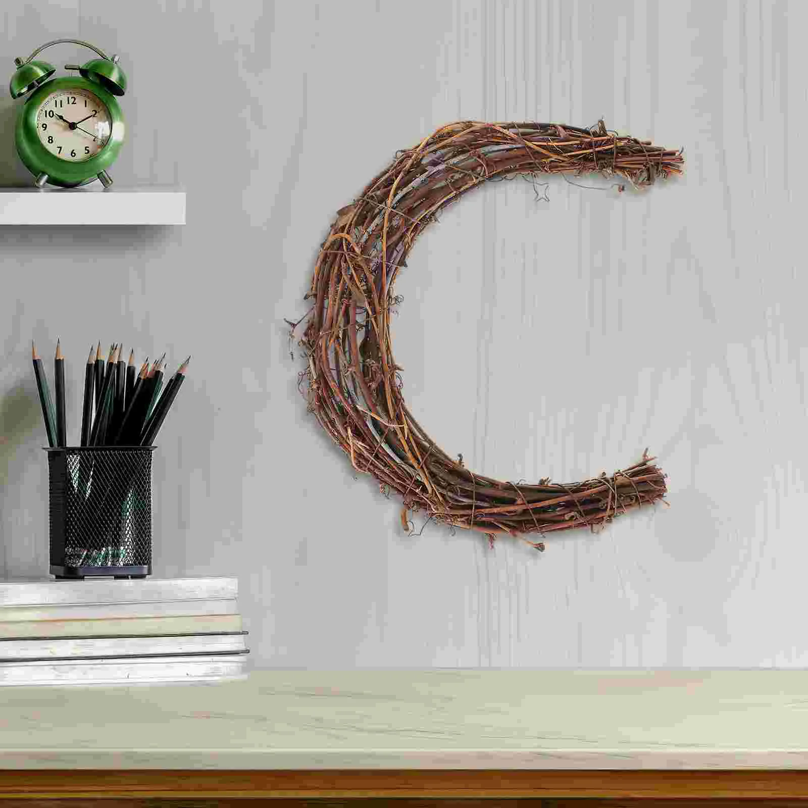 2 Pcs Wall Hanging Rattan Garland Rings Grapevine Iron Half Moon Shaped Wreath DIY