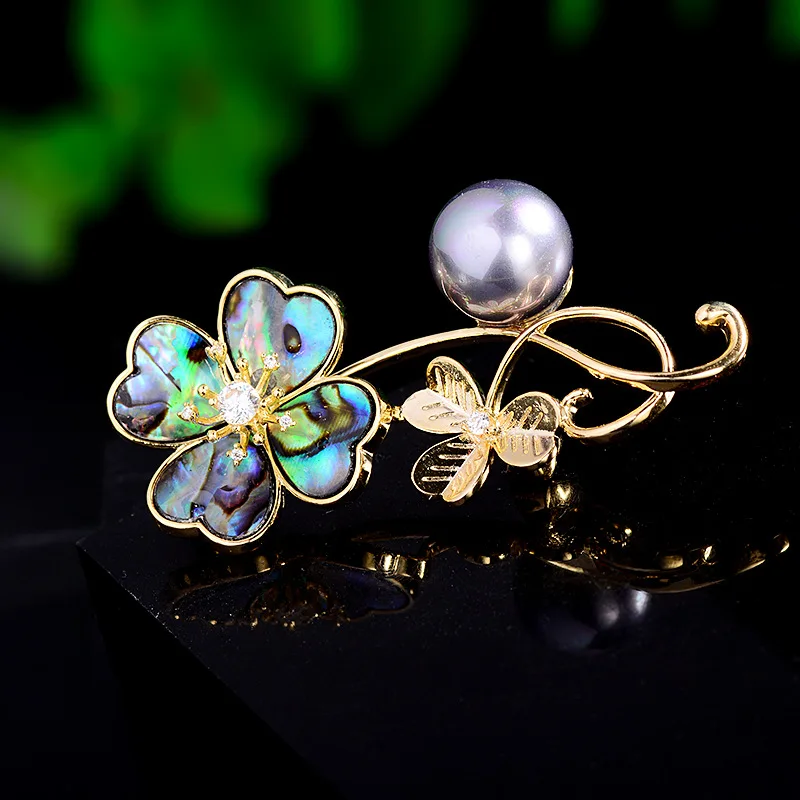 Niche Abalone Shell Flower Brooch High-grade Deep Black Shell Beads Micro-zirconium Pin High-end Corsage Accessories Exploded