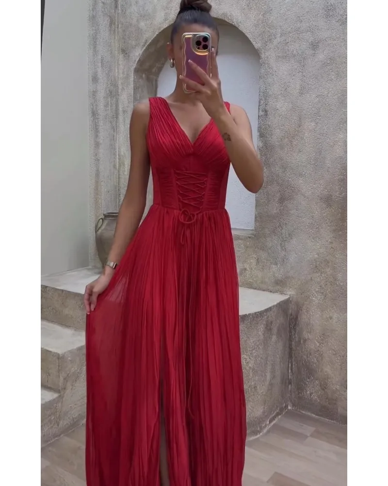 Mikydely Sexy Strapless Irregular Slit Dress Solid Color Deep-V Maxi Evening Dress