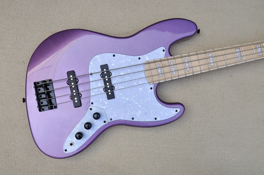 Baixo elétrico roxo de 4 cordas com escala de bordo, pickguard de pérola branca, personalizável