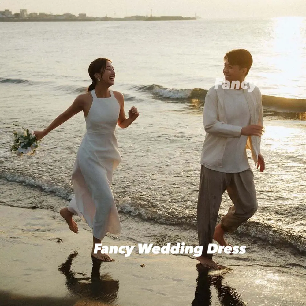 

Fancy Simple Halter Korea Wedding Dress A Line Elastic Satin Bridal Gown Tea Length Back Corset Bride Reception Gowns Customized