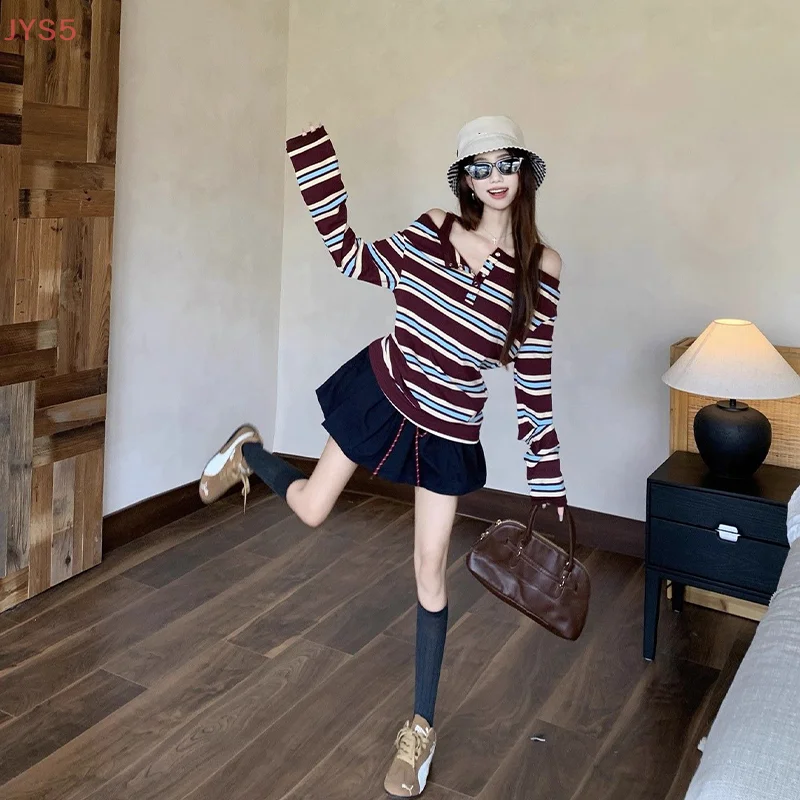【JYS5】Camiseta informal holgada de manga larga con hombros descubiertos a rayas Retro de otoño para mujer Top elegante