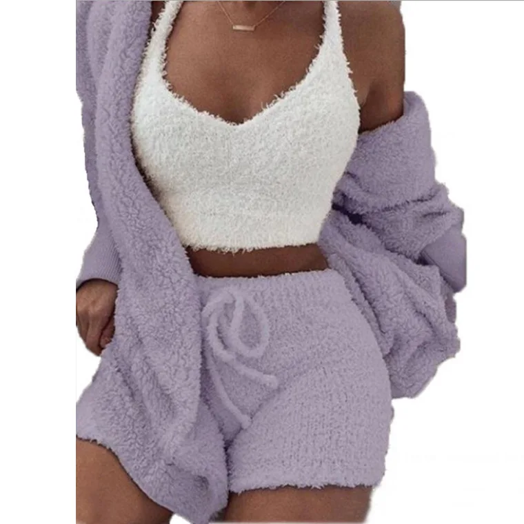 3PCS/Set Thickened Warm Sleepwear Winter Women Long Plush Long-Sleeved  Vest Shorts Student Homewear Solid Fashion