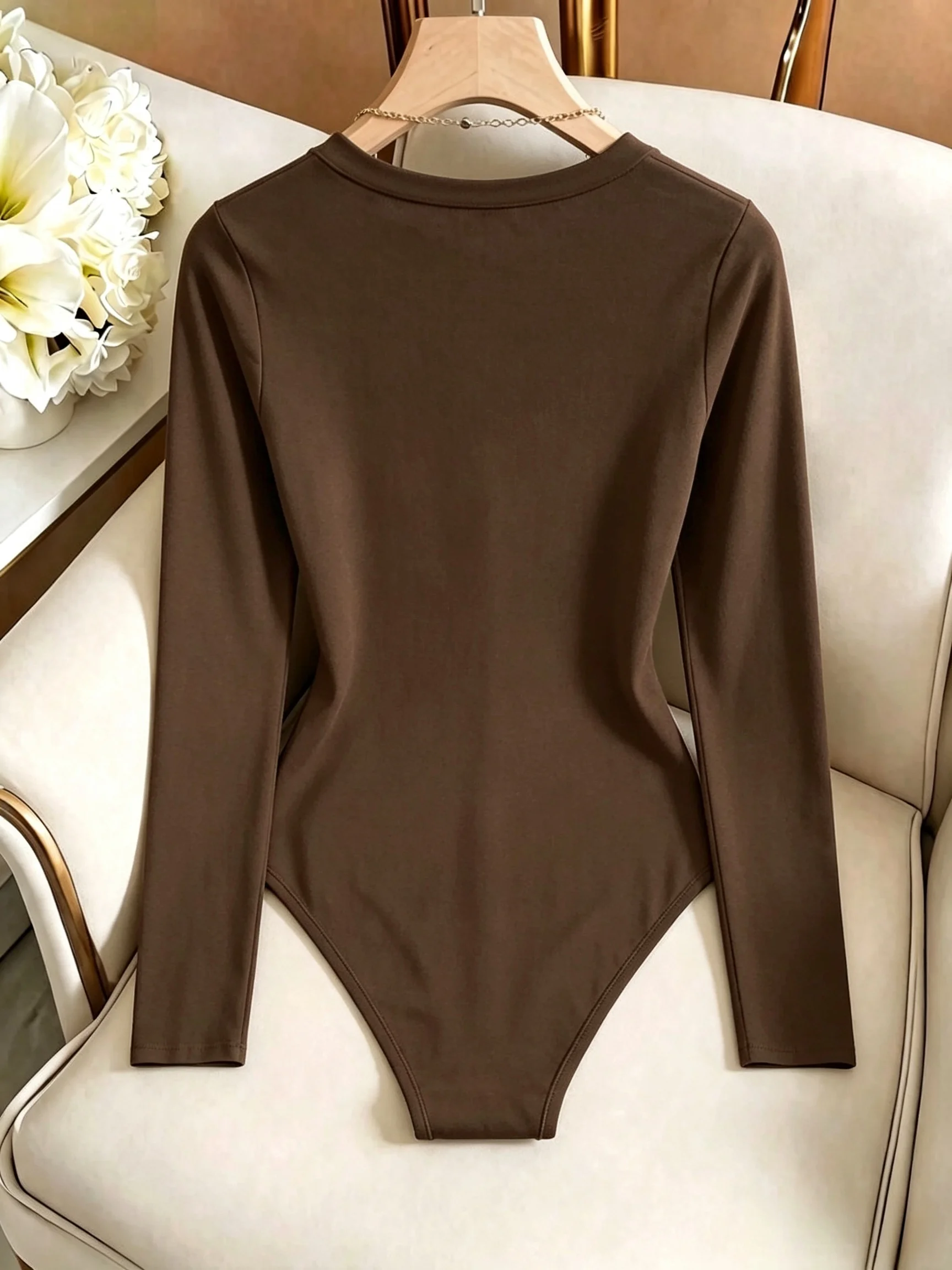 Damen-Body mit Rundhalsausschnitt und langen Ärmeln, hoch geschnitten, schmal geschnitten, figurbetont, Y2K, sexy, lässig, Basic, einteiliges Oberteil – Detail 25