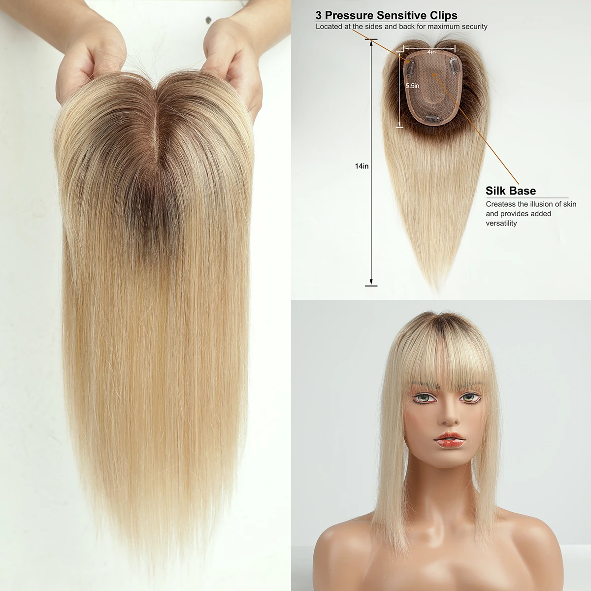 Schwarz/14inch Echthaar Topper mit Pony Clip in Topper Top Haar teile für Frauen mit dünner werdender Haar verlängerung