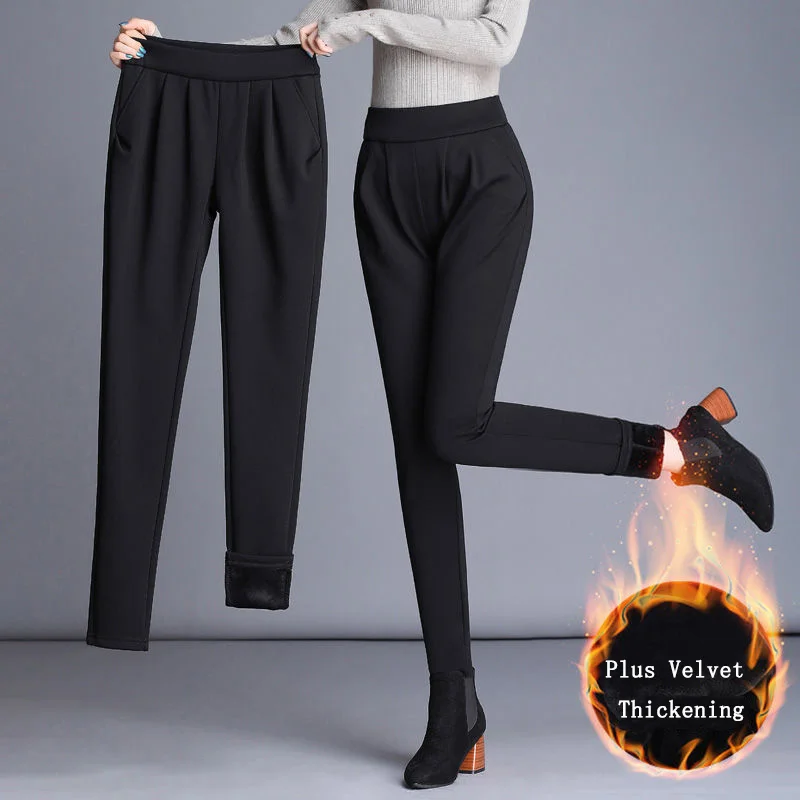 Autumn Winter New All-match Plus Velvet Thickening Pockets Slim Black Pants Women Casual Elasticity High Waist Harem Trousers