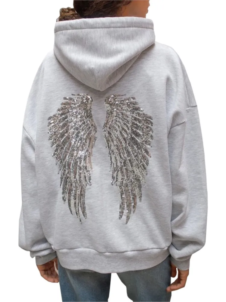 Pailletten Engelsflügel Hoodies Damen Schicke Lose Langarm-Pullover Top Slim Yoga-Hosen Set 2026 Neues Lässiges Damen Sweatshirt-Set