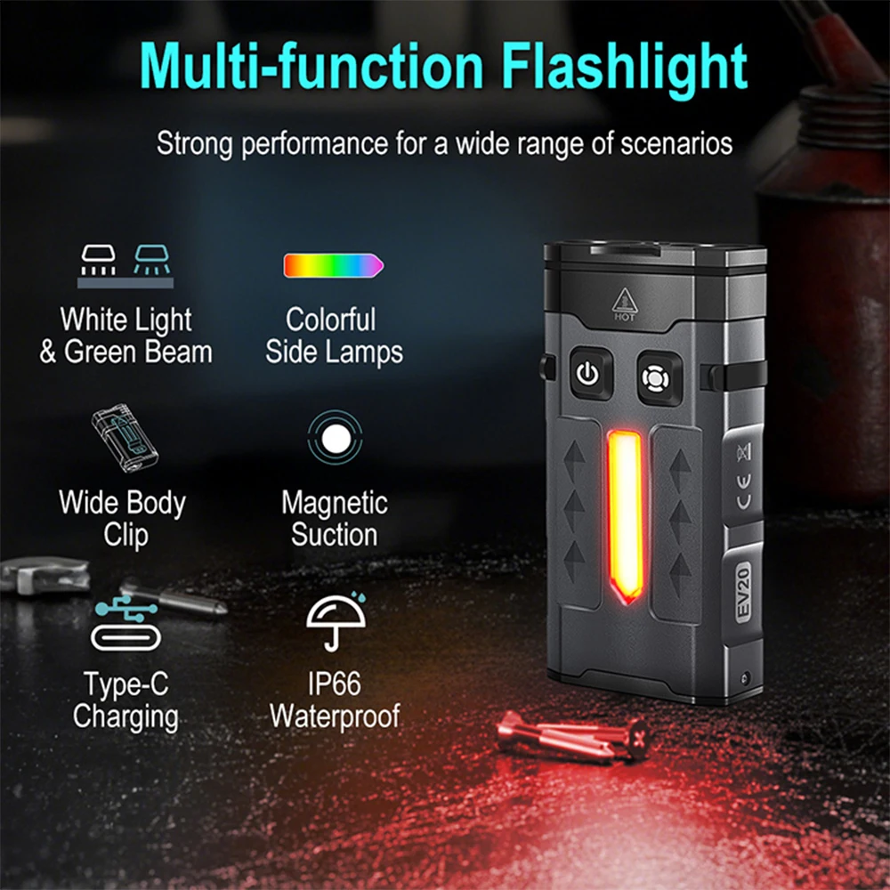 Asafee EV20 EDC Flashlight 1100LM White+Green Spotlight Lamp Colorful Signal Side Floodlight With Magnetic Portable Clip Light
