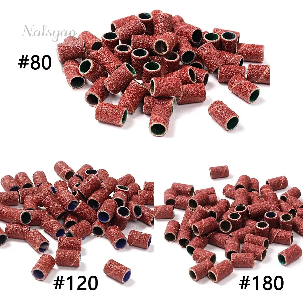 100pcs/50pcs Sanding Cap Bands for Electric Manicure Machine 180# 120# 80# Grit Nail Drill Grinding Bit Files Pedicure Tool Set