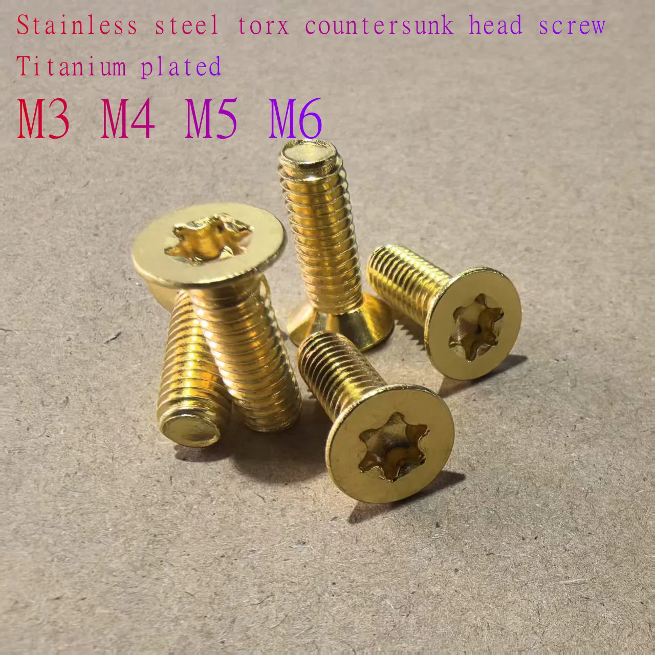 

5pcs-10pcs M3 M4 M5 M6 Stainless Steel with Titanium plated Gloden colour GB2673 Six-Lobe Torx Flat Countersunk Head Screw Bolt