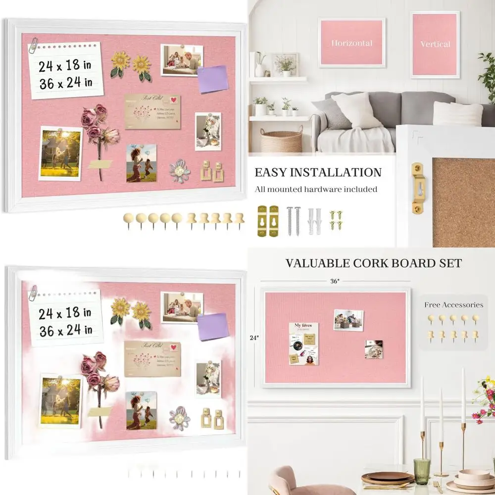 

36x24 Linen-Wrapped Pink Corkboard with Wooden Frame, Wall-Mounted Bulletin Board for Home, School, or Office, Includes 10 Pushp