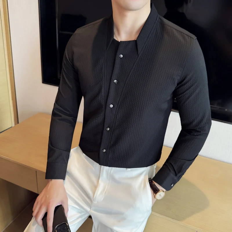 

New Chinese Sle Long Sve Stand Collar Men's irt Faionable Slim Fit Easy Care Autumn 2025 Ele Polyester Blend